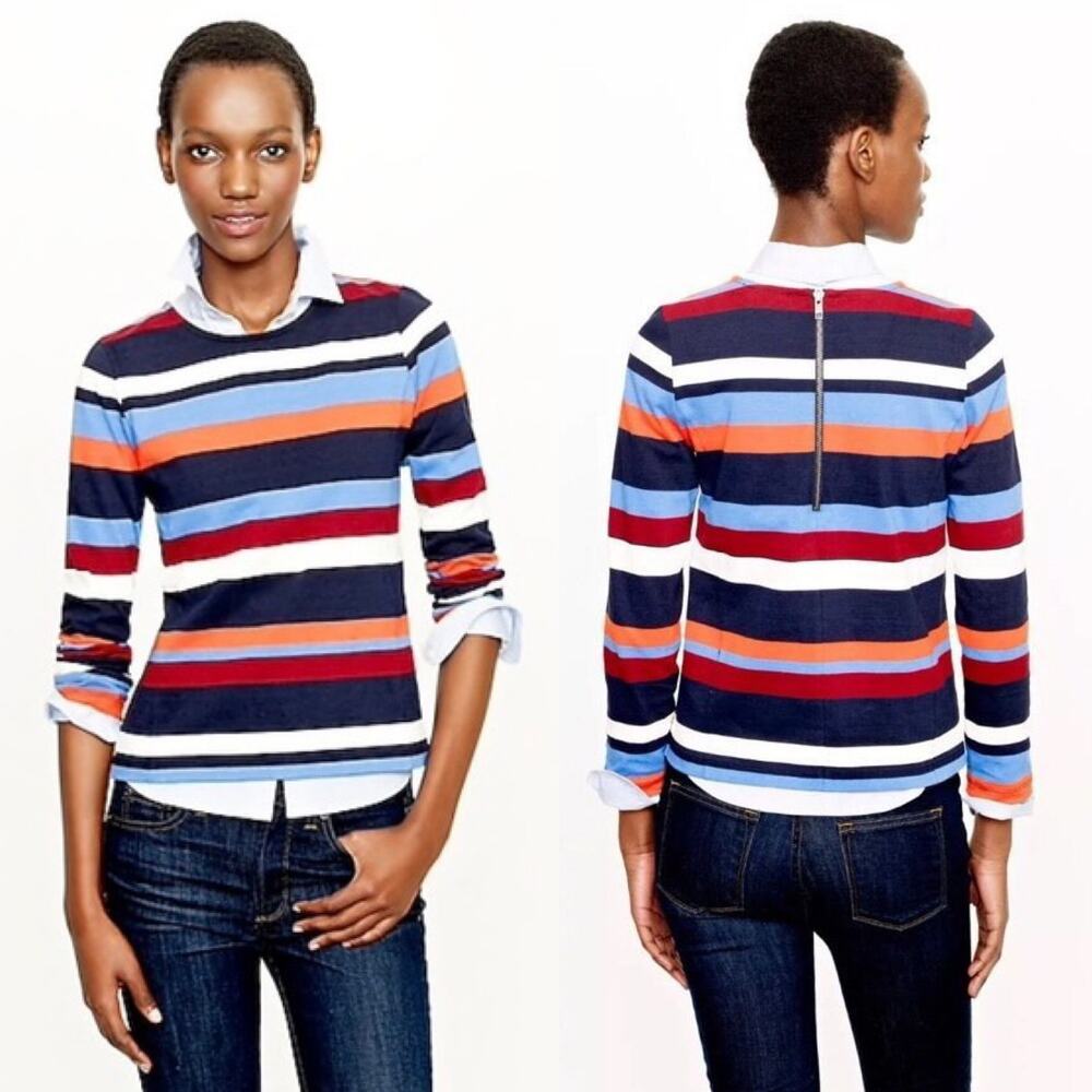 J.Crew Colorblock Top in Neutral Stripe size XS Back Zip Long Sleeve Cotton - Picture 3 of 12